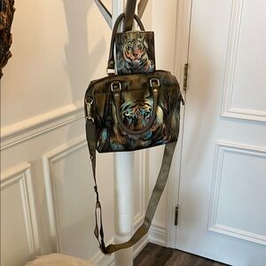 Leather bag and wallet, hand painted set